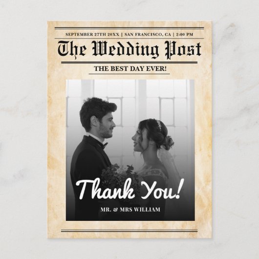 Krant bruiloft unieke rustieke elegante dank u briefkaart (Voorkant)