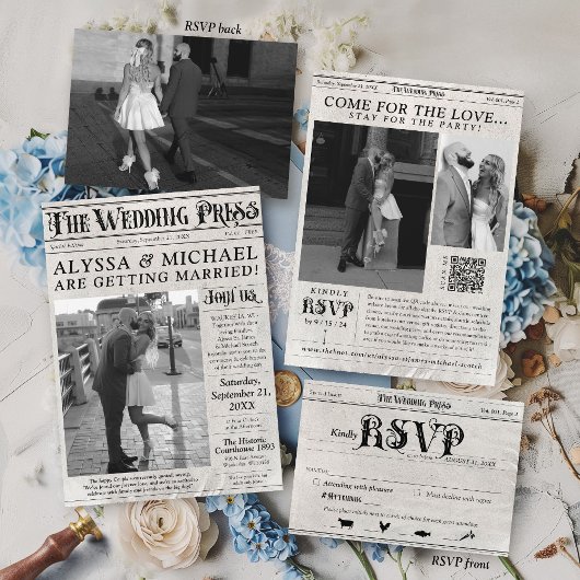 krant foto bruiloft uitnodigen RSVP-kaart RSVP Kaartje