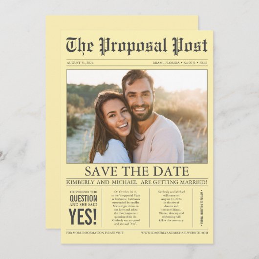 Krant Style Fun Yellow Save the Date Photo (Voorkant / Achterkant)