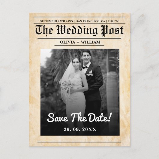 Krant Trouwen Rustiek Elegant Save the Date Briefkaart (Voorkant)