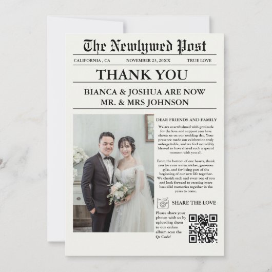 Krant unieke foto bruiloft dank u kaart (Voorkant)