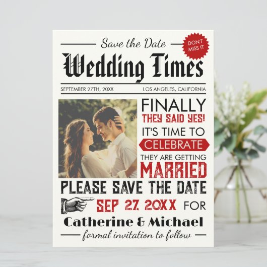  krant Unique Fun Photo Bruiloft Save The Date (Staand voorkant)