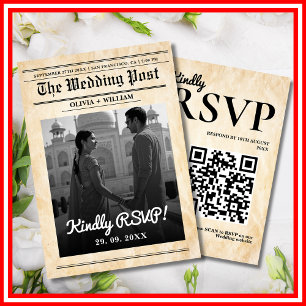 Kranten Huwelijk Rustieke Elegante QR Code RSVP Kaartje