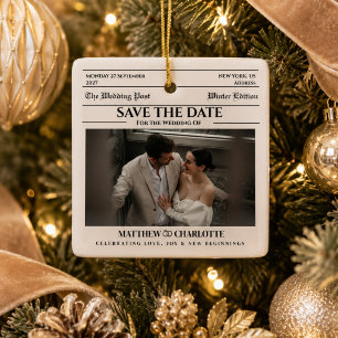 Kranten Save the Date Huwelijk Beige Keramisch Ornament