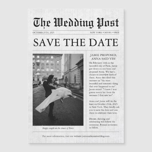 Kranten Unieke vun Foto sparen datum huwelijk Magnetische Uitnodiging (Voorkant)