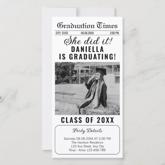 Kranten Ze deed het Afstuderen Uitnodiging 2025 (Voorkant)