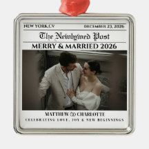 Krantenfoto van pasgetrouwden 'Merry and Married'