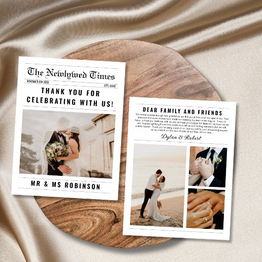 Krantenfotocollage Elegante bruiloft Dank u Kaart