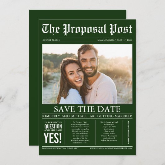 Krantenstijl Emerald Green Save the Date Photo (Voorkant / Achterkant)
