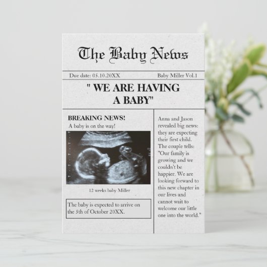 Krantenstijl foto grappige zwangerschap aankondigi kaart (Staand voorkant)
