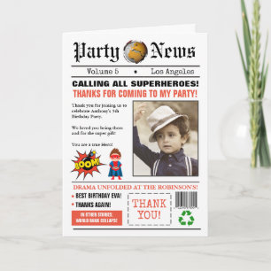 Krantensuperheld Birthday Party Foto Bedankkaart