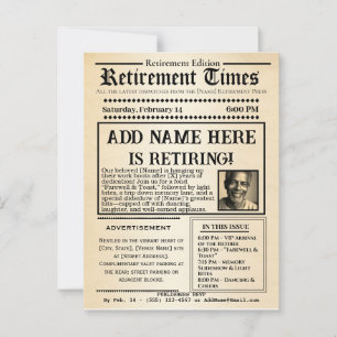 Krantenuitnodiging “Pensioentijd” in vintage stijl Briefkaart