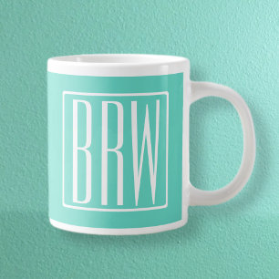 Kras Modern 3 Initiaal Monogram Wit Op Aqua Extra Grote Beker