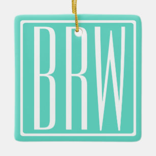 Kras Modern 3 Initiaal Monogram Wit Op Aqua Keramisch Ornament