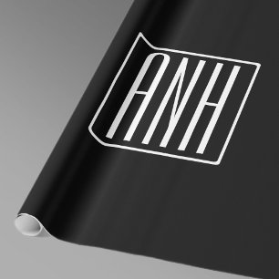 Kras Modern 3 Initiaal Monogram Wit Op Zwart Cadeaupapier