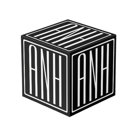 Kras Modern 3 Initiaal Monogram | Wit Op Zwart Kubus (Voorkant hoekig)