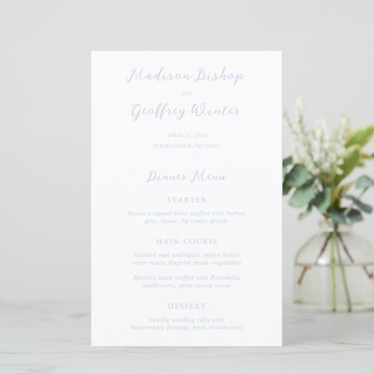 Kras script poederblauw elegant trouwmenu (Staand voorkant)