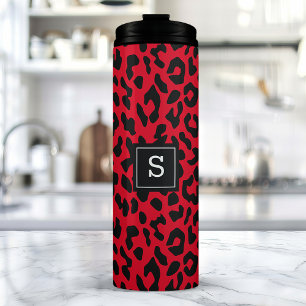 Krasrode Luipaard Dierenprint Monogram Thermosbeker