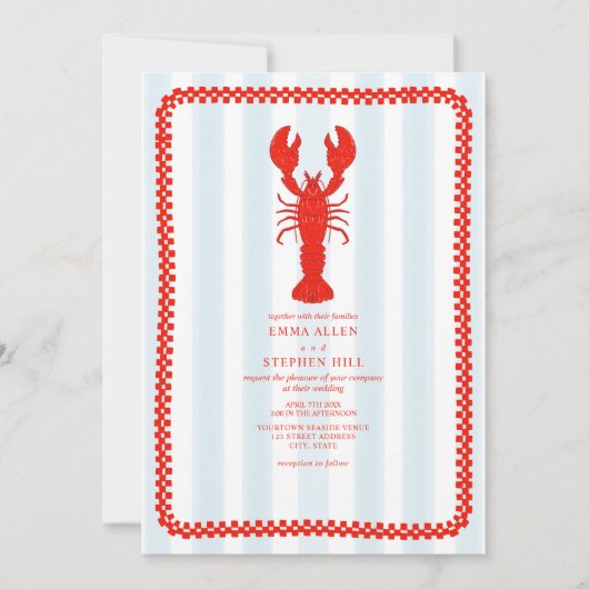 Kreeft Blue Stripe Checkerboard Nautische bruiloft Kaart (Voorkant)