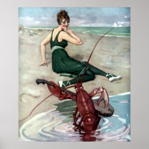 Kreeft met banjo die strandmeisje serenade brengt poster