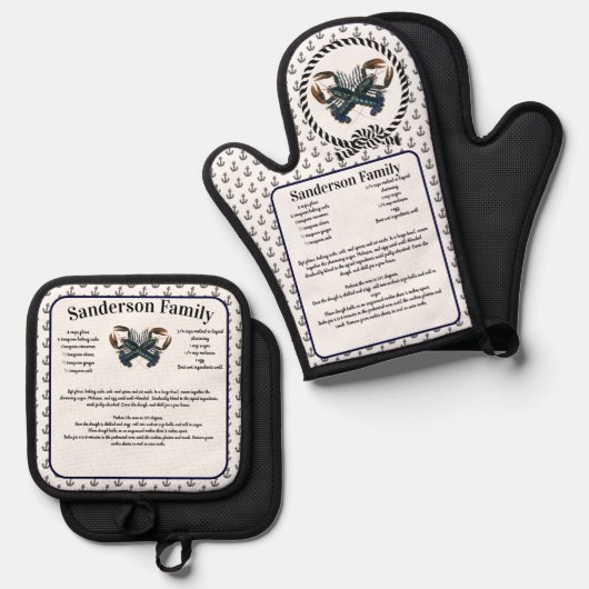 Kreeft Nautische Recept Sjabloon Ankerpatroon Ovenwant & Pannenlap Set (Voorkant / Achterkant)