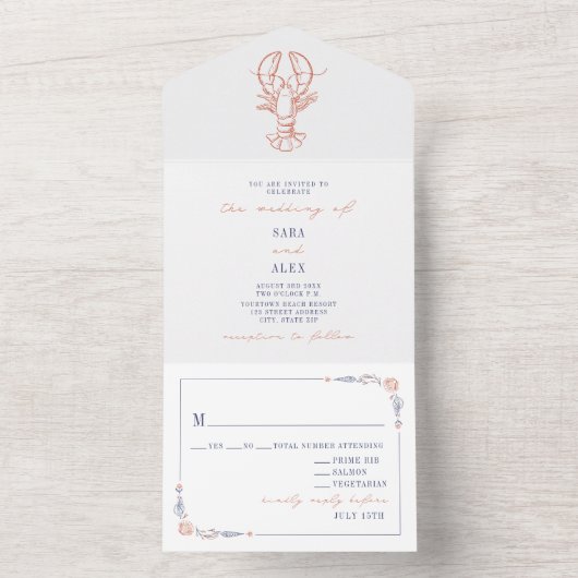 kreeft rood & blauw RSVP Boerderij bruiloft All In One Uitnodiging (Binnen)