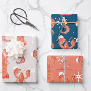 Kreeft Schaaldier Aquarel Sneeuwvlok Patroon Inpakpapier Vel