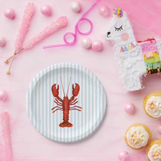 Kreeft schilderij nautisch blauw streep kust papieren bordje (Feest)