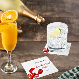 Kreeften langoesten kookfeest rood wit vierkante kartonnen onderzetter