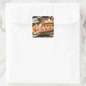 Kreeftenbroodje en aardappelchips vierkante sticker (Tas)
