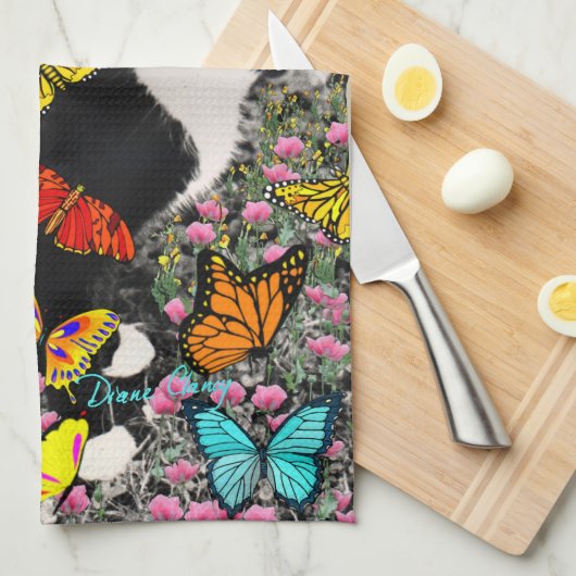 Kreuken op vlinders - Tuxedo-Kat Theedoek (Quarter Fold)