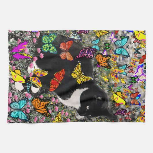 Kreuken op vlinders - Tuxedo-Kat Theedoek (Horizontaal)