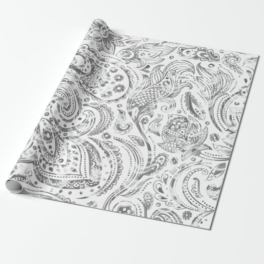 Kreukzilver en wit  Paisley Pattern Cadeaupapier (Uitgerold)