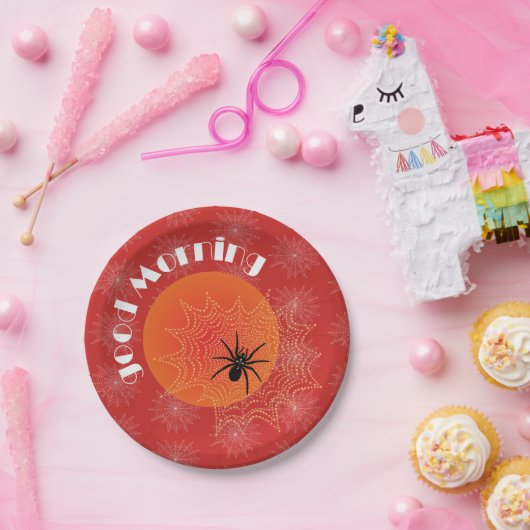 Kreuzspinne im Netz mit Tautropfen wie Perlen Papieren Bordje (Feest)