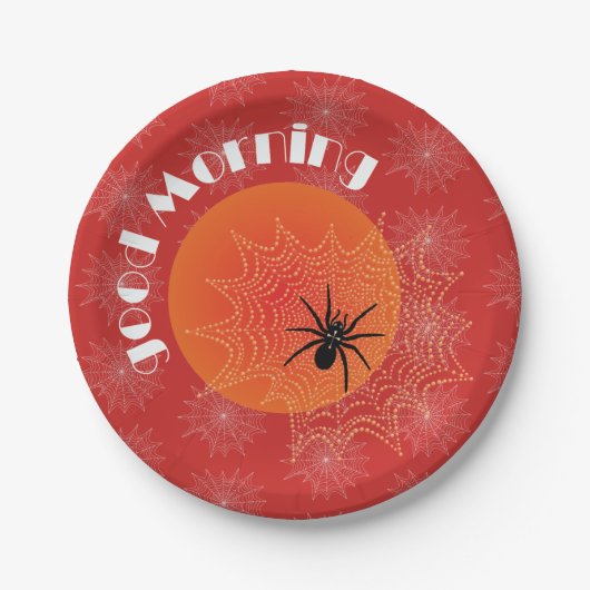 Kreuzspinne im Netz mit Tautropfen wie Perlen Papieren Bordje (Voorkant)