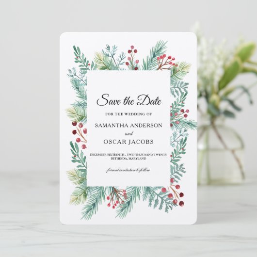 Krfat Winter Leaf Frame Groene Save The Date (Staand voorkant)