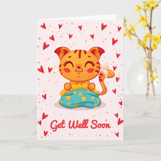 Krijg goed Binnenkort Schattige Kat Groet Kaart (Gele Bloem)