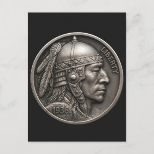 Krijger. Hobo Nickel 1936 Buffalo Nickel Munt Briefkaart
