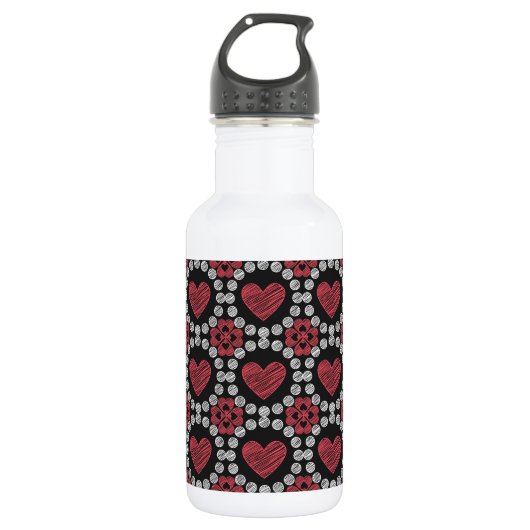 Krijt stijl harten en cirkels rood zwart en wit waterfles  (Voorkant)