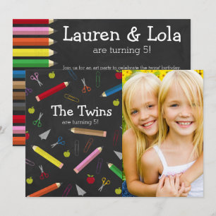 Krijtbord Apple Pencil Crayons Verjaardag Twins Kaart
