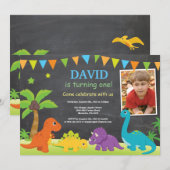 Krijtbord Dinosaurus Verjaardag Uitnodiging Dino P (Voorkant / Achterkant)