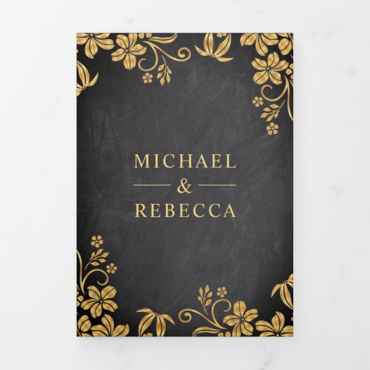 Krijtbord en goudfolie Bloemenbladeren Bruiloft Drieluik Uitnodiging (Cover)