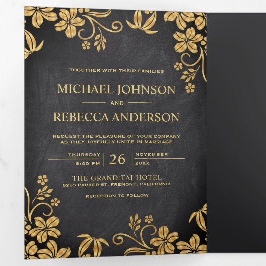 Krijtbord en goudfolie Bloemenbladeren Bruiloft Drieluik Uitnodiging (Binnenzijde eerst)
