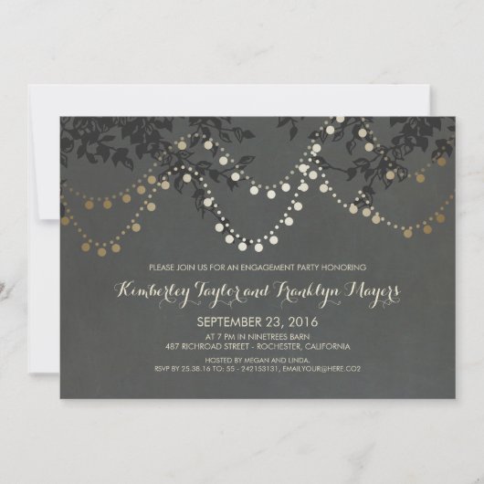 Krijtbord Gold String Lights Engagement Party Kaart (Voorkant)