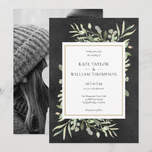 Krijtbord Goud Geometrisch groen Foto Bruiloft Kaart