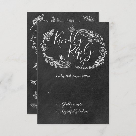 Krijtbord Handgetekende bloemenslinger Script RSVP Kaartje (Voorkant / Achterkant)