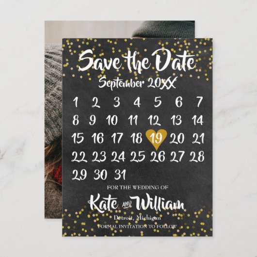 Krijtbord Kalender Save the Date Foto Goud Stof Aankondigingskaart (Voorkant / Achterkant)