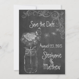 KRIJTBORD MASON JAR GARDEN BRUILOFT SAVE THE DATE KAART