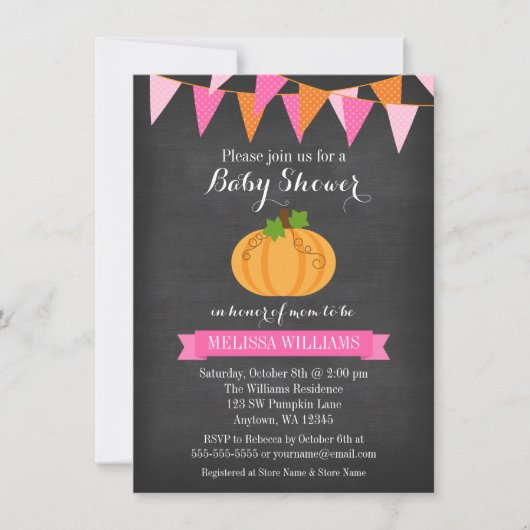 Krijtbord Pompoen Bunting Girl Herfst Baby shower Kaart (Voorkant)