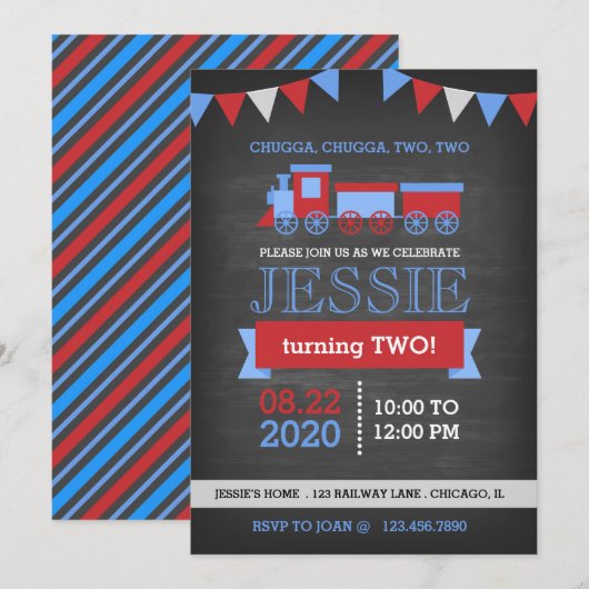 Krijtbord rode en blauwe trein verjaardag kaart (Voorkant / Achterkant)